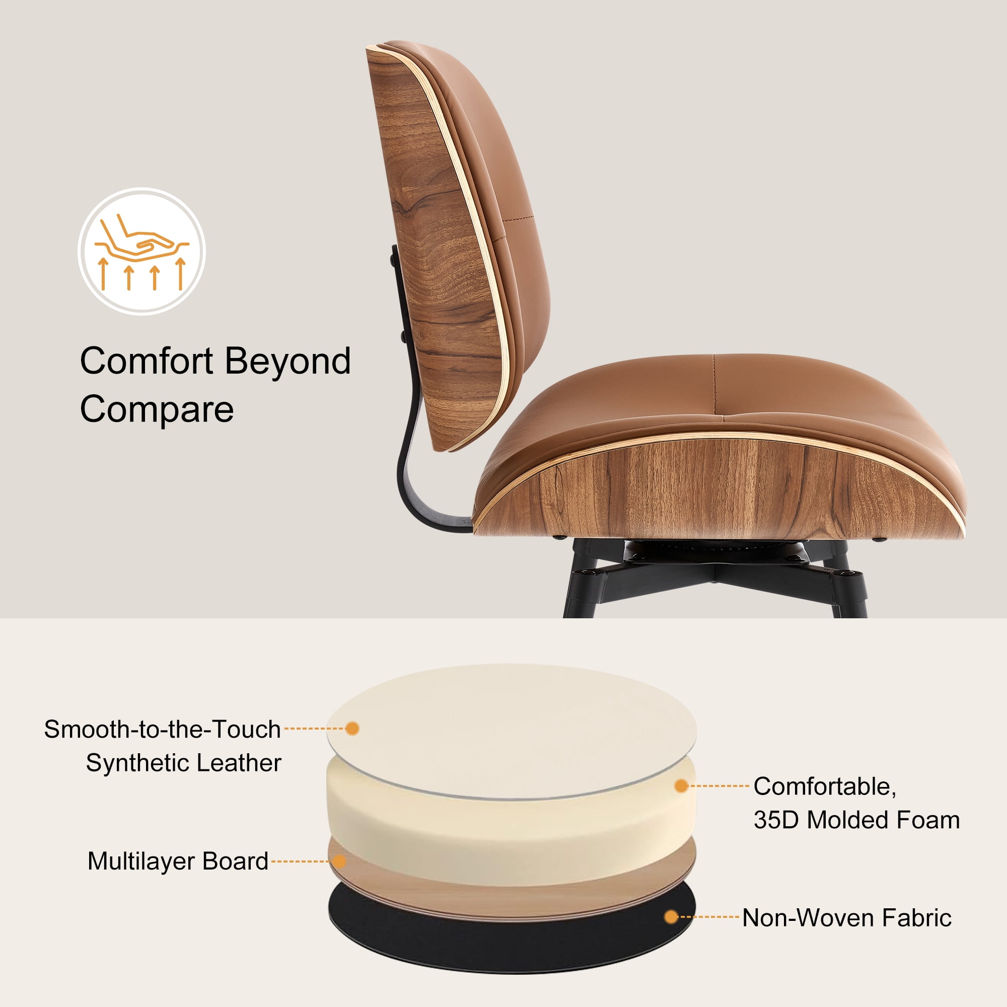 Counter Height Bar Stools Set of 4, 26" Swivel PU Leather Upholstered Bar Stools with Walnut Backs and Metal Legs, Retro Counter Stools for Kitchen Island, Dining Room, Pub, Brown