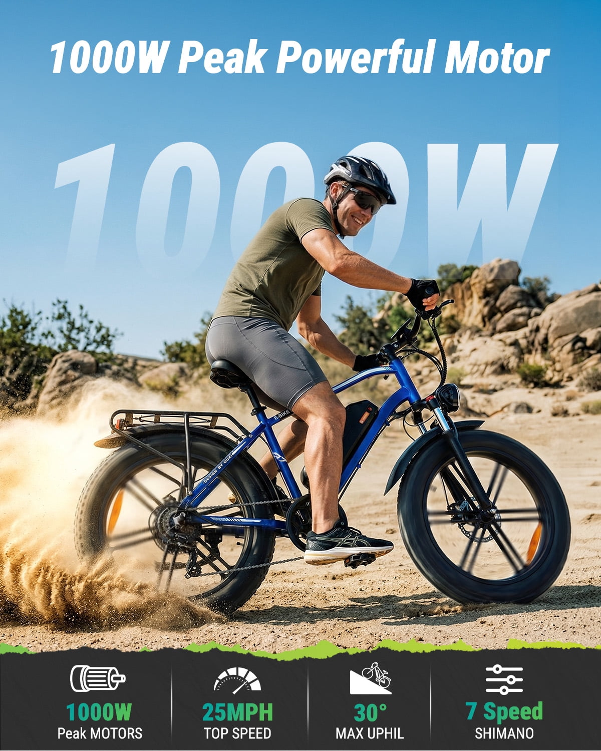 VTKOW R7 Fat Tire Electric Bike, 1000W Peak High Power Off-Road Ebike, 48V 13Ah Battery 25MPH, 20" All-Terrain Electric Mountain Bicycle with Front Suspension, 7-Speed, UL Certified