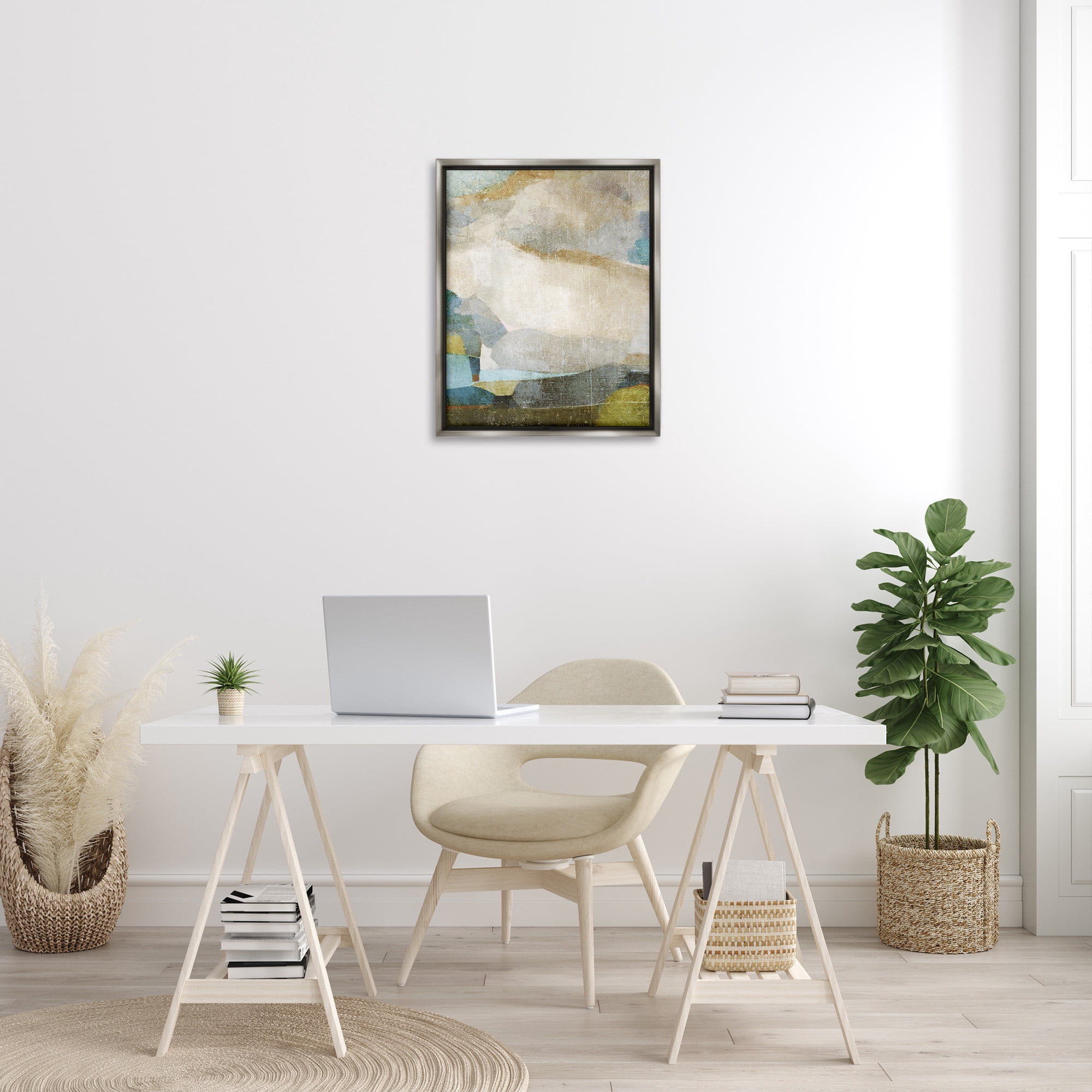 Stupell Industries Blue & Neutral Abstraction Abstract Painting Gray Floater Framed Canvas Art Print Wall Art, 25 x 31