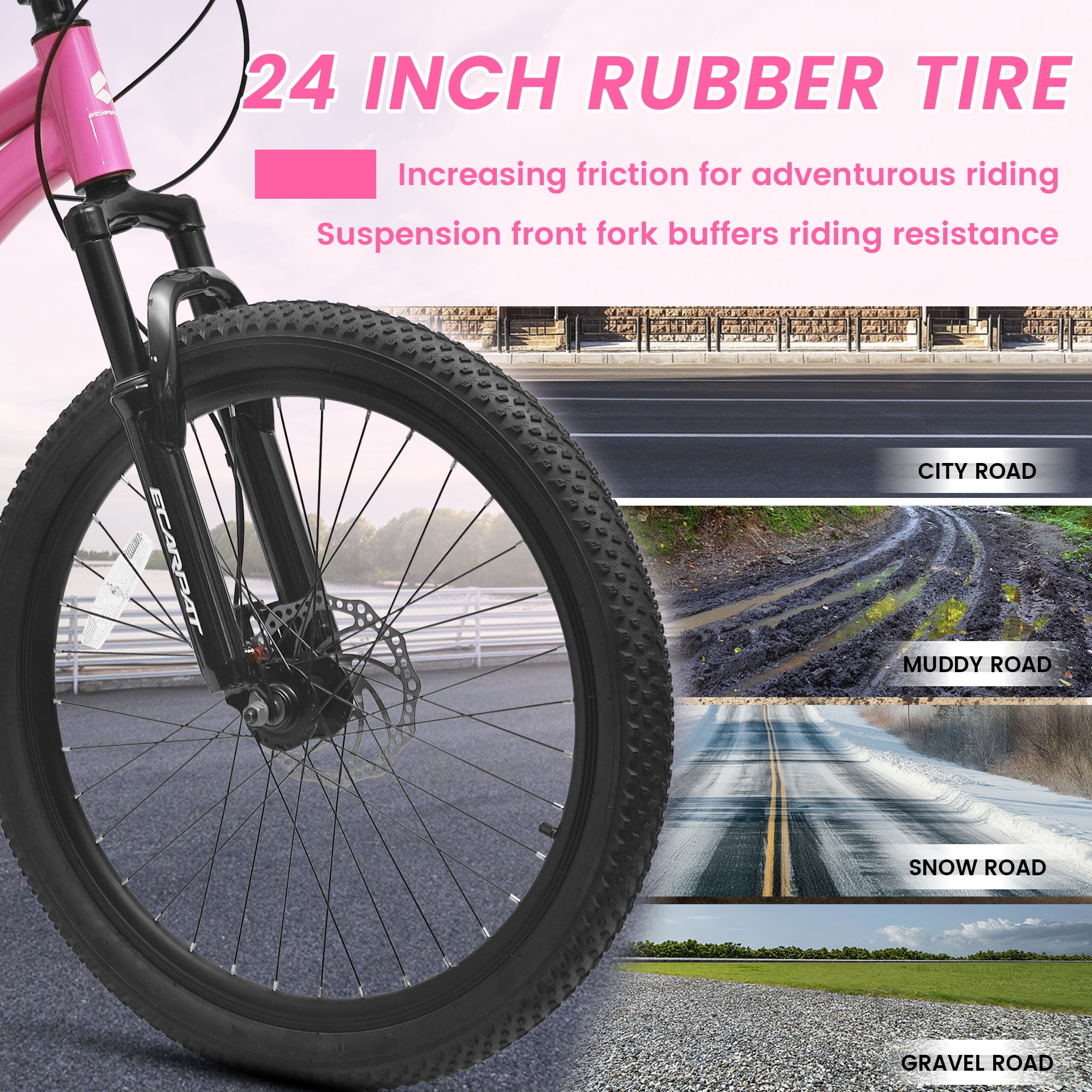 Ecarpat 24 Inch Mountain Bike for Women Girls, 7-Speed Front Suspension Teenagers Bikes for 9+ Years. Children Bicycle Suitable for 4'5"-5'5" Height Rider.