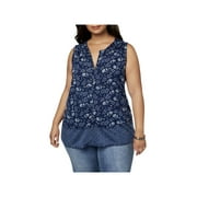 Lucky Brand Womens Plus Sleeveless Split Neck Button-Down Top Navy 3X