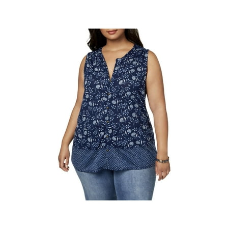 Lucky Brand Womens Plus Sleeveless Split Neck Button-Down Top Navy 3X