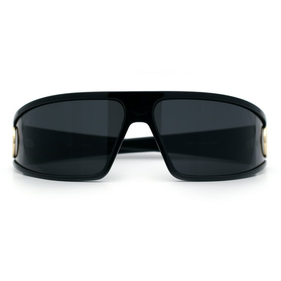 90s Classic Curved Wrap Lens Rectangle Plastic Luxury Fashion Sunglasses All Black