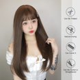 thumbnail image 4 of Pelucas sintéticas largas y rectas con flequillo para mujer, cabello Natural, línea de pelo, peluca de Cosplay diaria, resistente al calor, marrón, 4 of 4
