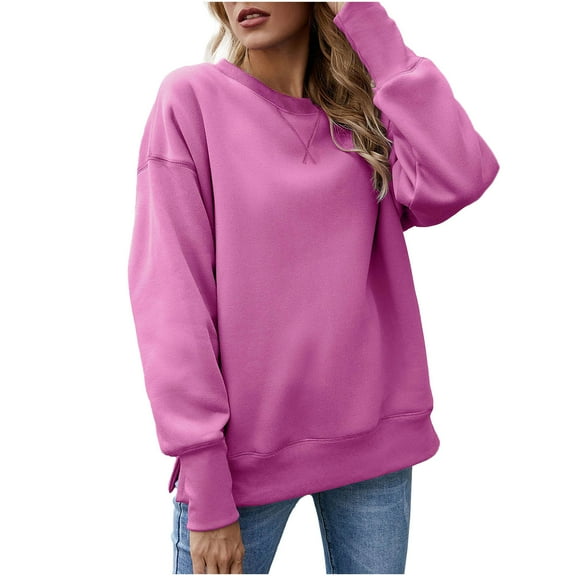 tklpehg Womens Sweatshirts Crewneck Plush And Thickened Solid Color Fall Fashion Round Neck Sweatshirt Casual Comfortable Long Sleeve Tops Pullover Hot Pink L