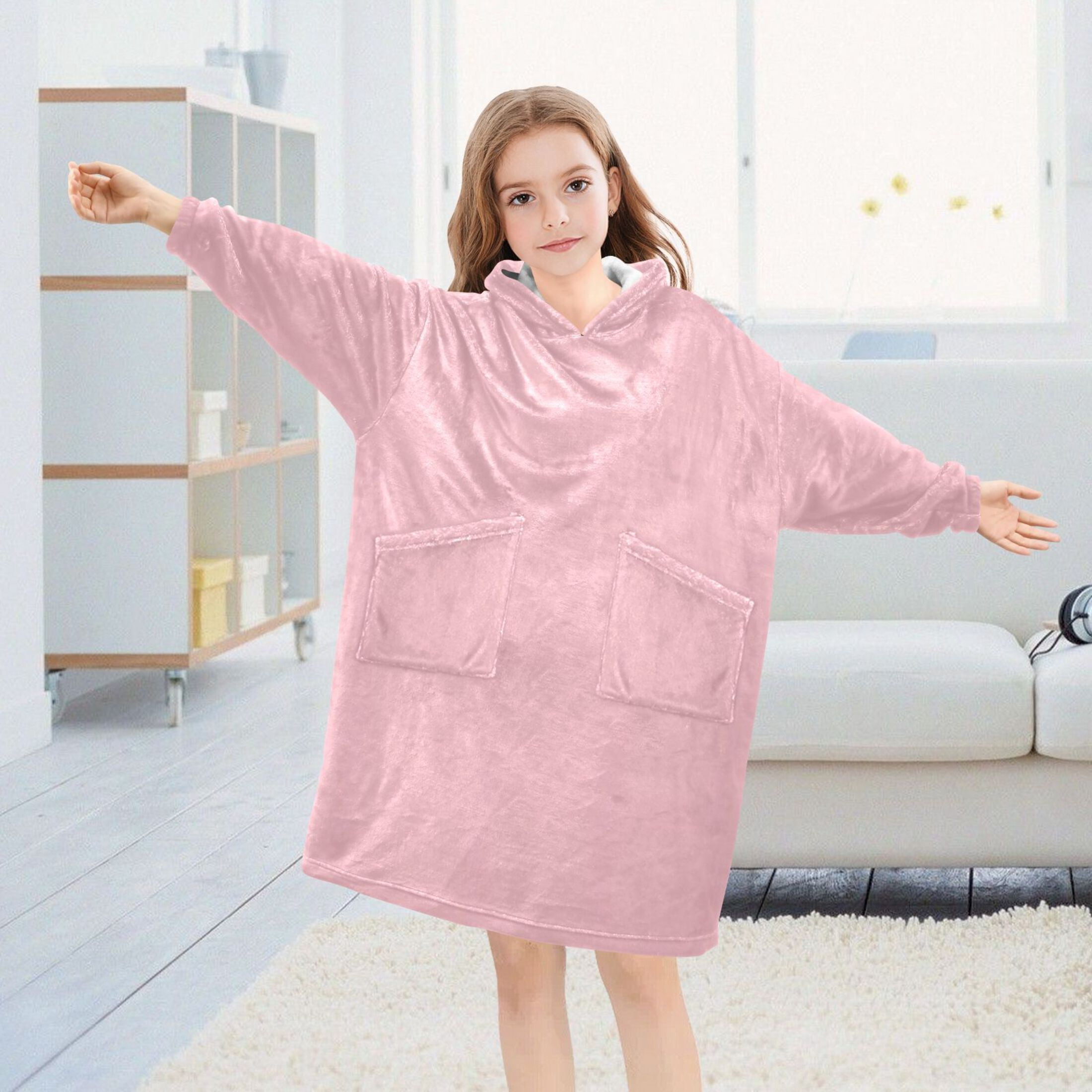 joogoo Wearable Blanket Hoodie for Kids Solid Pink Flannel Oversized Sweatshirt 3-14 Years S