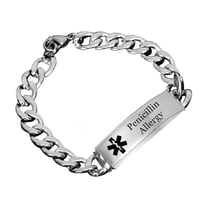 Custom Medical Alert Penicillin Allergy Awareness Bracelet Stainless Steel Wrist Cuban Chain for Women Men Personalized ID Nameplate Wristband Medic Allergic Diagnosis Life Saving Jewelry, 8.66''