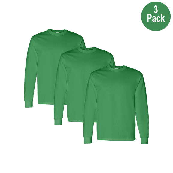 Gildan Crew Neck Heavy Cotton T-Shirt, Men's Long Sleeve Comfortable Irish Green Tee, S, 3 Pack