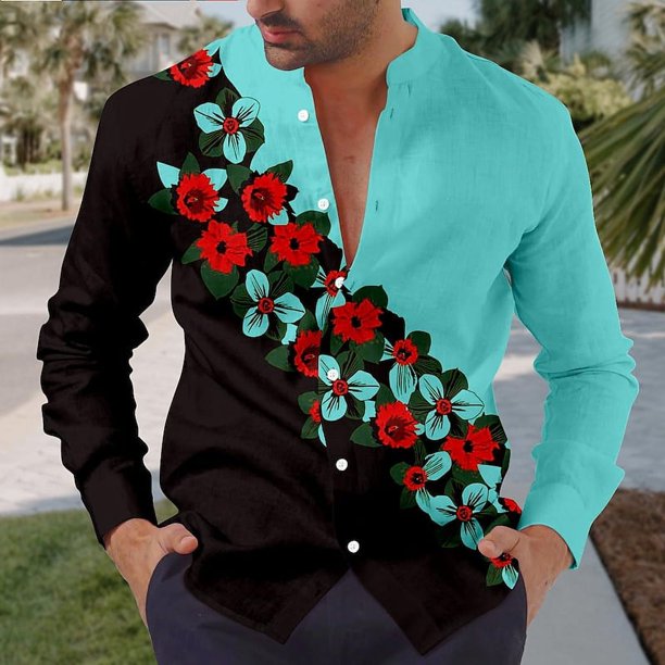 Camisas retro florales para hombre para uso diario, fines de semana, verano, primavera y otoño, camisas de manga larga con cuello alto