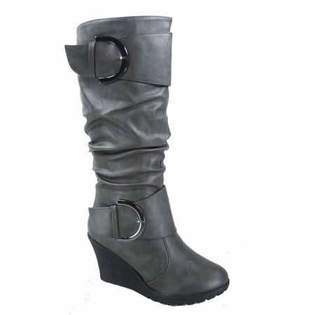 Pure-65 Women s Fashion Round Toe Slouch Large Buckle Wedge Mid Calf Boot Shoes ( Grey 10 )