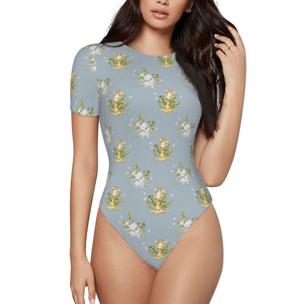 Fotbe Baby Elephant Giraffe Body de Mujer con Cuello Redondo y Mangas Cortas, Sin Mangas Ajustado, Suave, Cómodo y Básico-Large