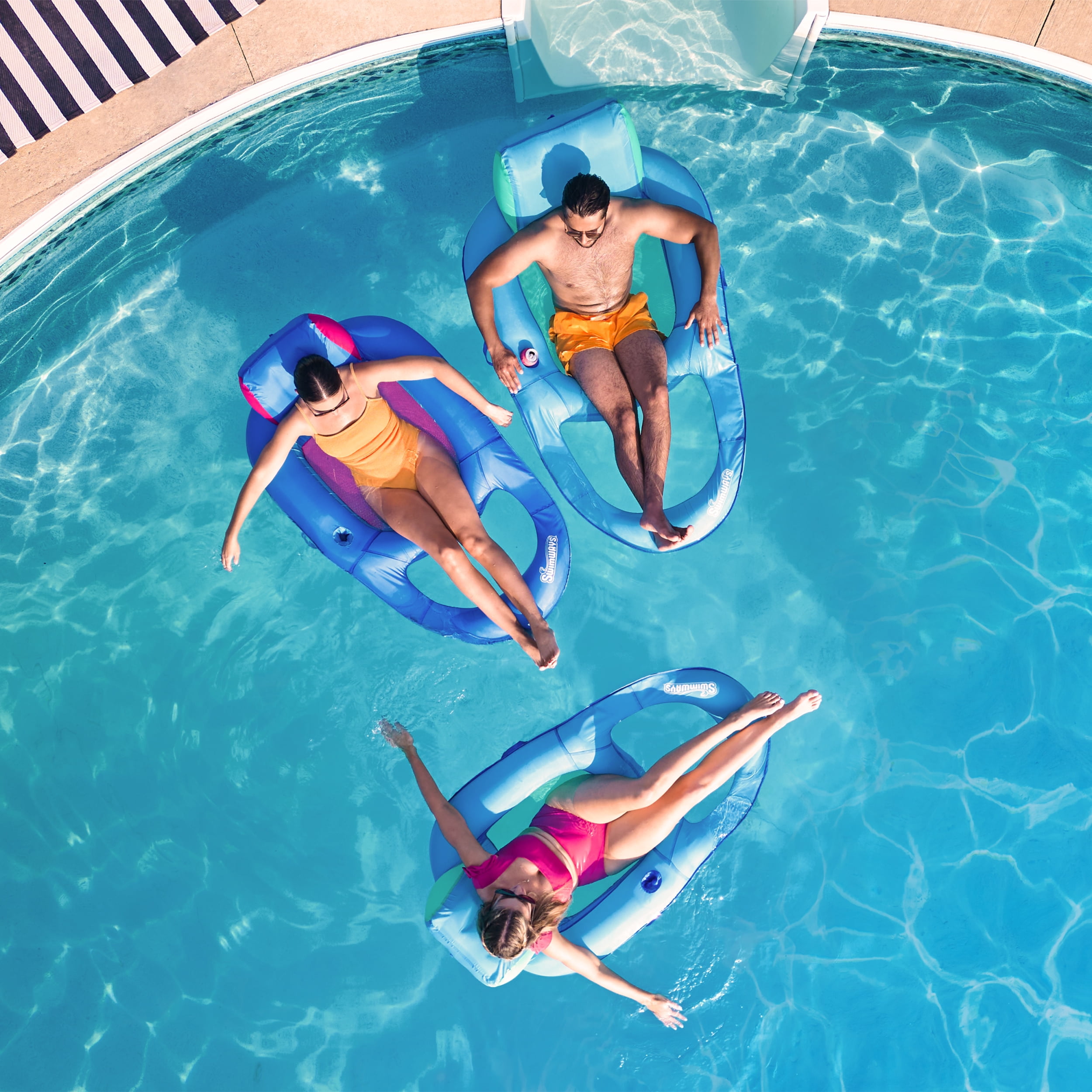 SwimWays Spring Float Premium XL Recliner Chair for Swimming Pool, Inflatable Pool Floats Adult with Fast Inflation, Cup Holder & Foot Rest, Supports Up to 300 lbs, Blue