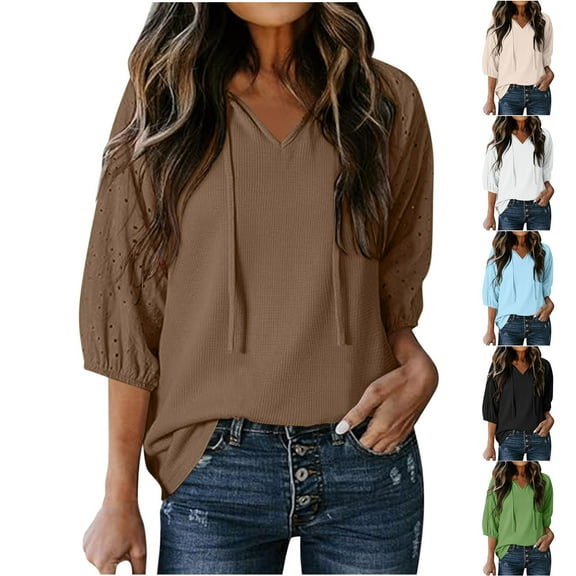 CFLVAEK Waffle Knit Tops for Women Loose Fit Eyelet 3/4 Sleeve Blouses Casual V Neck Pullover Tops Solid Color Going Out Vcation Shirts White M