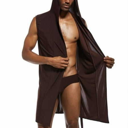 

Men Ice Silk Hooded Bathrobe Pajamas Sleepwear Bath Robe Nightwear Loungewear