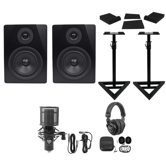 Rockville APM5B Bundle: 5.25" 2-Way 250-Watt Powered USB Studio Monitors, RVSM1 Pair of Monitor Stands, RRS190S Foam Isolation Pads, RCM PRO Studio/Recording Condenser Microphone, 4-items