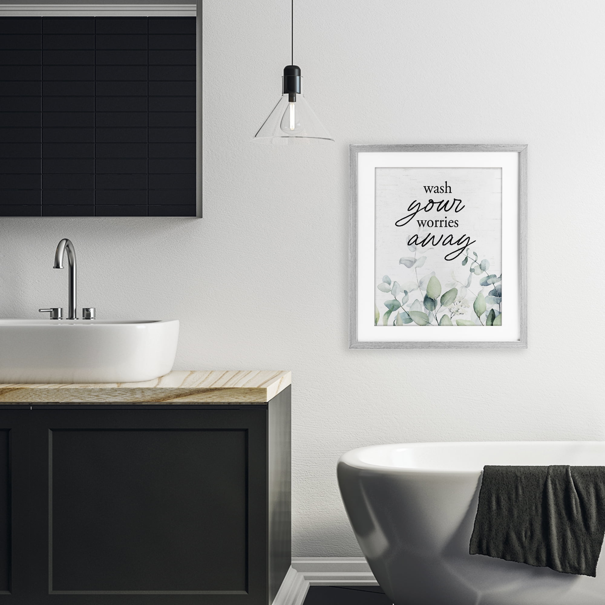 Wash Worries Away Herb Leaves Gray Framed Print Under Glass, design by Lettered and Lined