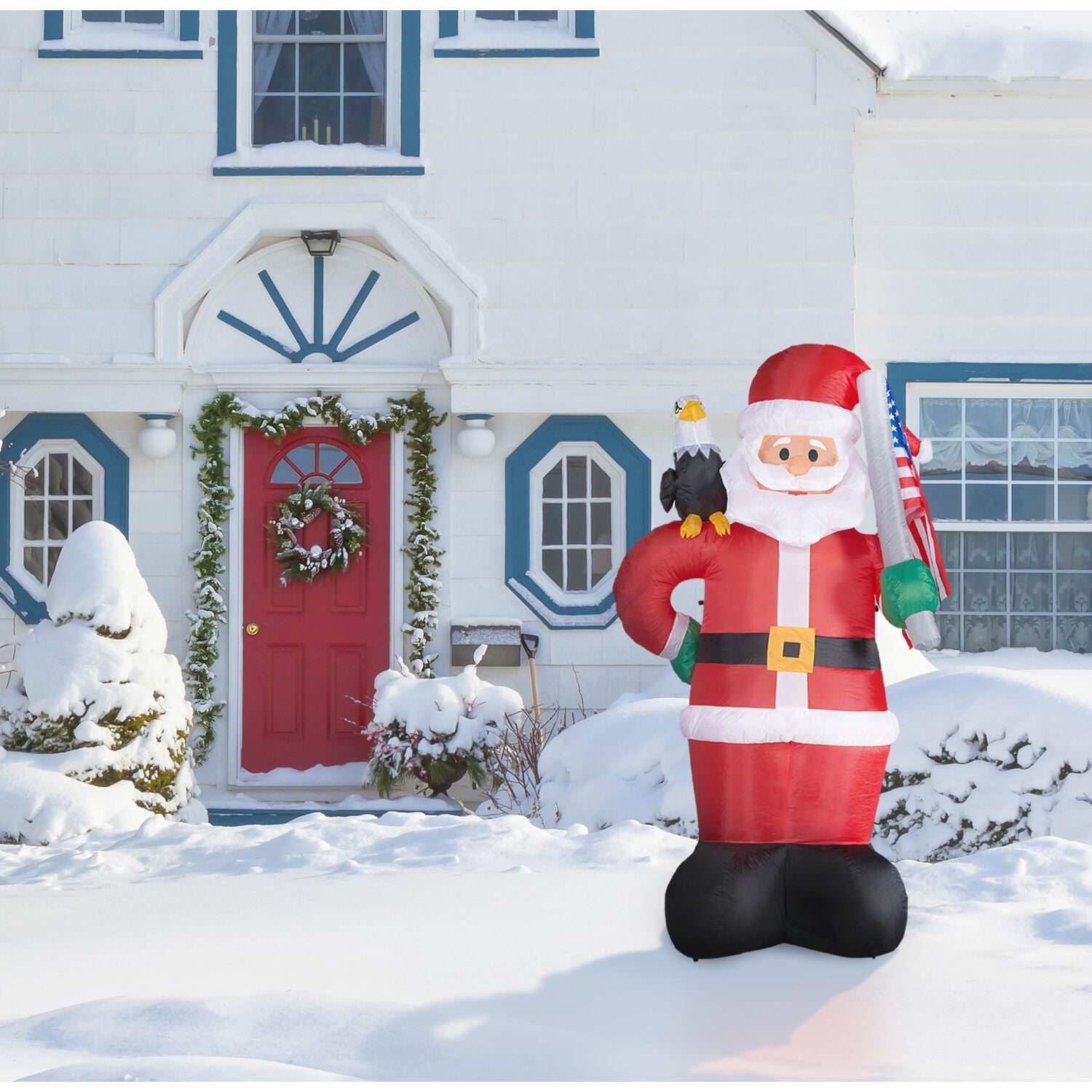 Fraser Hill Farm 8 ft Tall Americana Santa Inflatable with Eagle and American Flag, FHFSANTA081-L