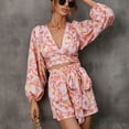 thumbnail image 3 of Jdlsppl Women's V Neck Romper Deep V Neck Jumper Shorts Jumpsuit Sexy Cotton Summer Floral Printed Long Sleeve Puff Sleeve Red 14, 3 of 4