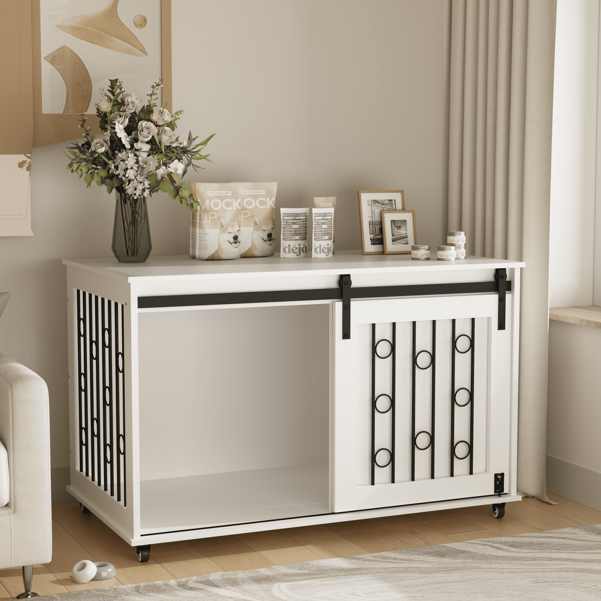 39.37" Modern Wooden Dog Crate Furniture with Sliding Barn Door Side Door Lockable Wheels Metal Bars Decorative Indoor Pet Kennel End Table for Small to Medium Dogs White