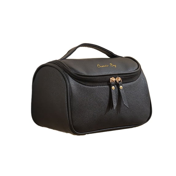 Girlfriend Gift Vintage Style Large Capacity Chrysanthemum Solid Color PU Leather Zipper Portable Makeup Bag Bathroom Wash Bag Multifunctional Comestic Organizer Korean Style Storage Bag CLASSIC BLACK