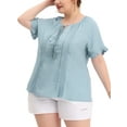thumbnail image 4 of MODA NOVA Juniors' Plus Size Blouse Self Tie Neck Lace Hollow Out Ruffle Short Sleeve Tops, 4 of 5