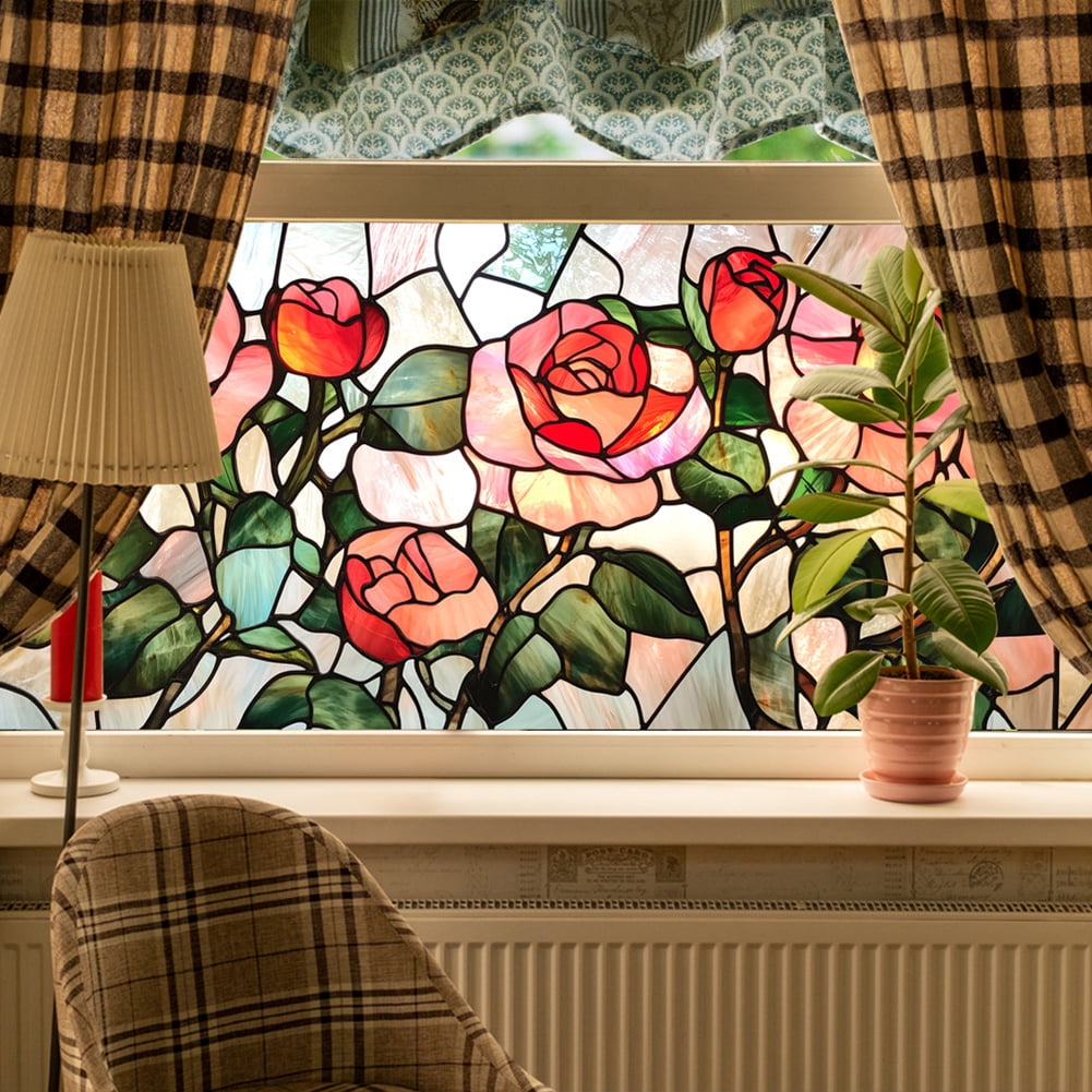 Stained Glass Window Film, Flower Static Cling Window Privacy Film Decorative UV Sun Blocking Non-Adhesive Glass Window Covering for Home Bathroom