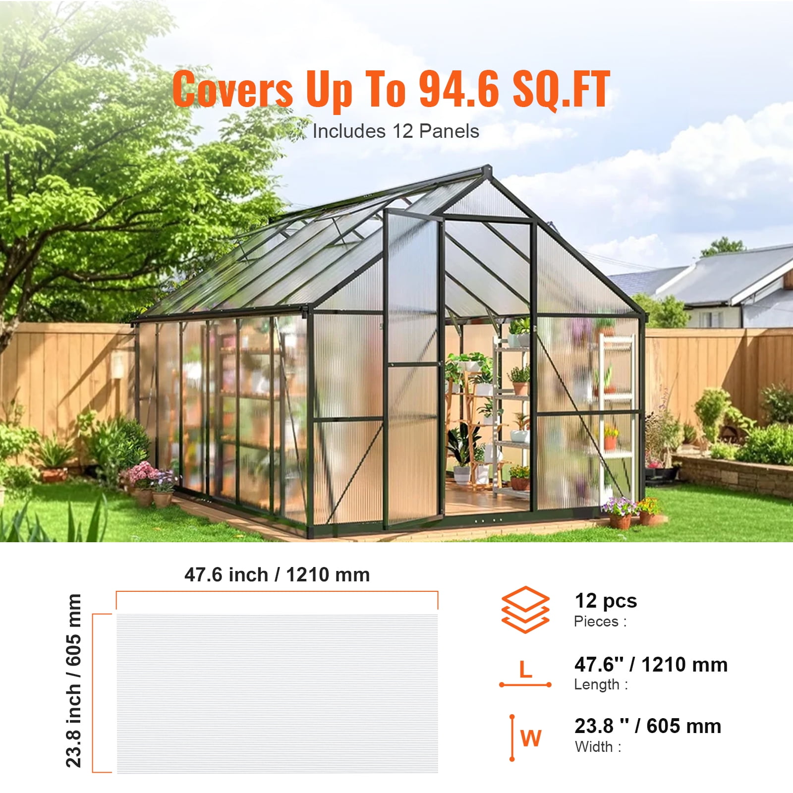 KFFKFF Set of 12 Polycarbonate Greenhouse Panels, Measuring 2' X 4' X 0.24'', Waterproof and UV Protected Corrugated Plastic Roofing Sheets, Clear and Impact Resistant for Garden Greenhouse Use