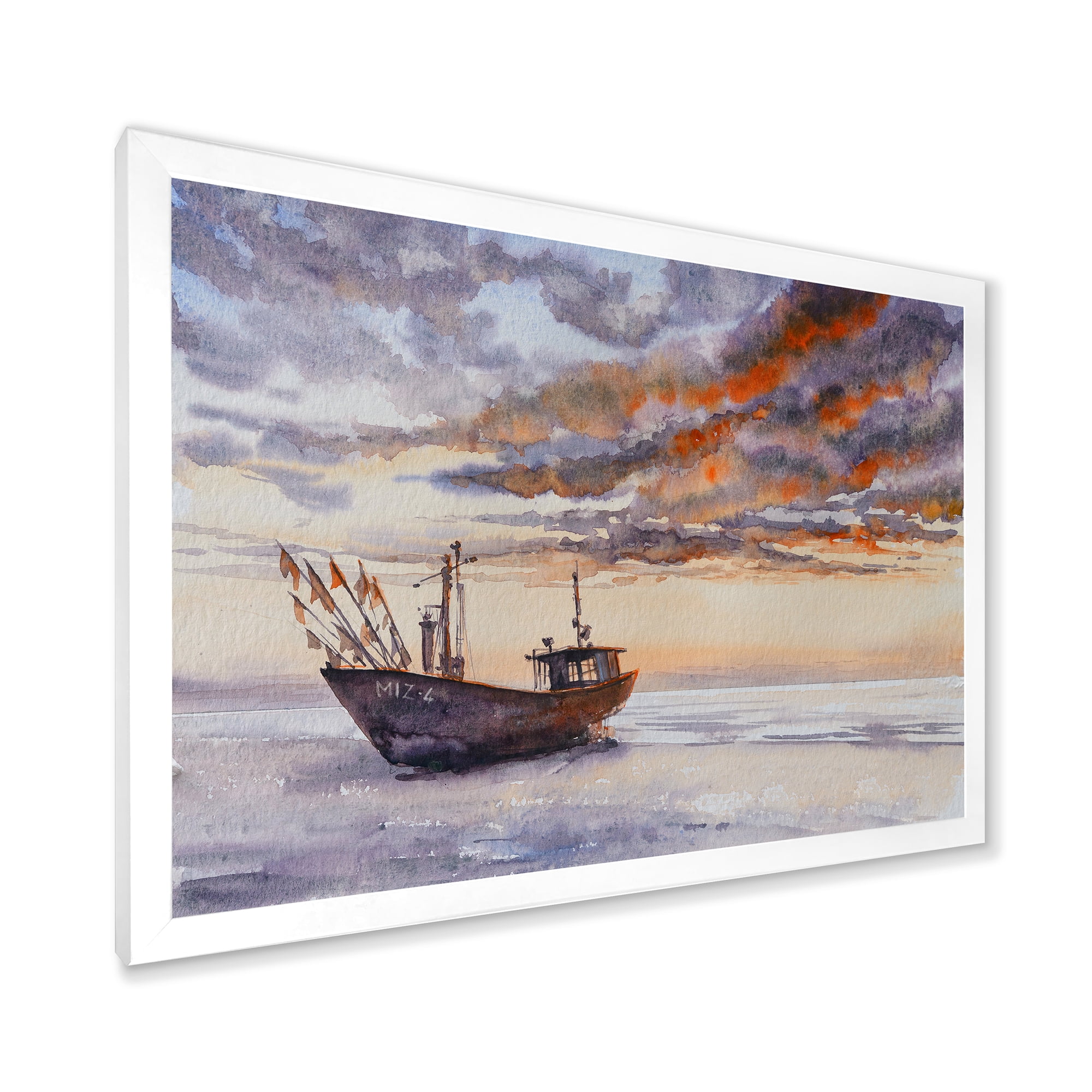 Designart 'Wooden Fishing Boat On The Baltic Shore With Evening Clouds' Nautical & Coastal Framed Art Print