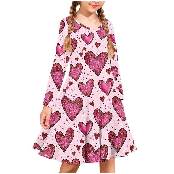 NAISIBABY Girls Long Sleeve Dress 7T, Hearts Prints Flowy Crewneck Casual Fashion Party Dance Dresses Watermelon Red (4-14T)