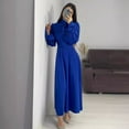 thumbnail image 3 of Fall Spring Lady Dress Puff Sleeves Tight Waist Stand Collar Pure Color A-line Pleated Shopping Commuting Party Prom Maxi Dress, 3 of 8