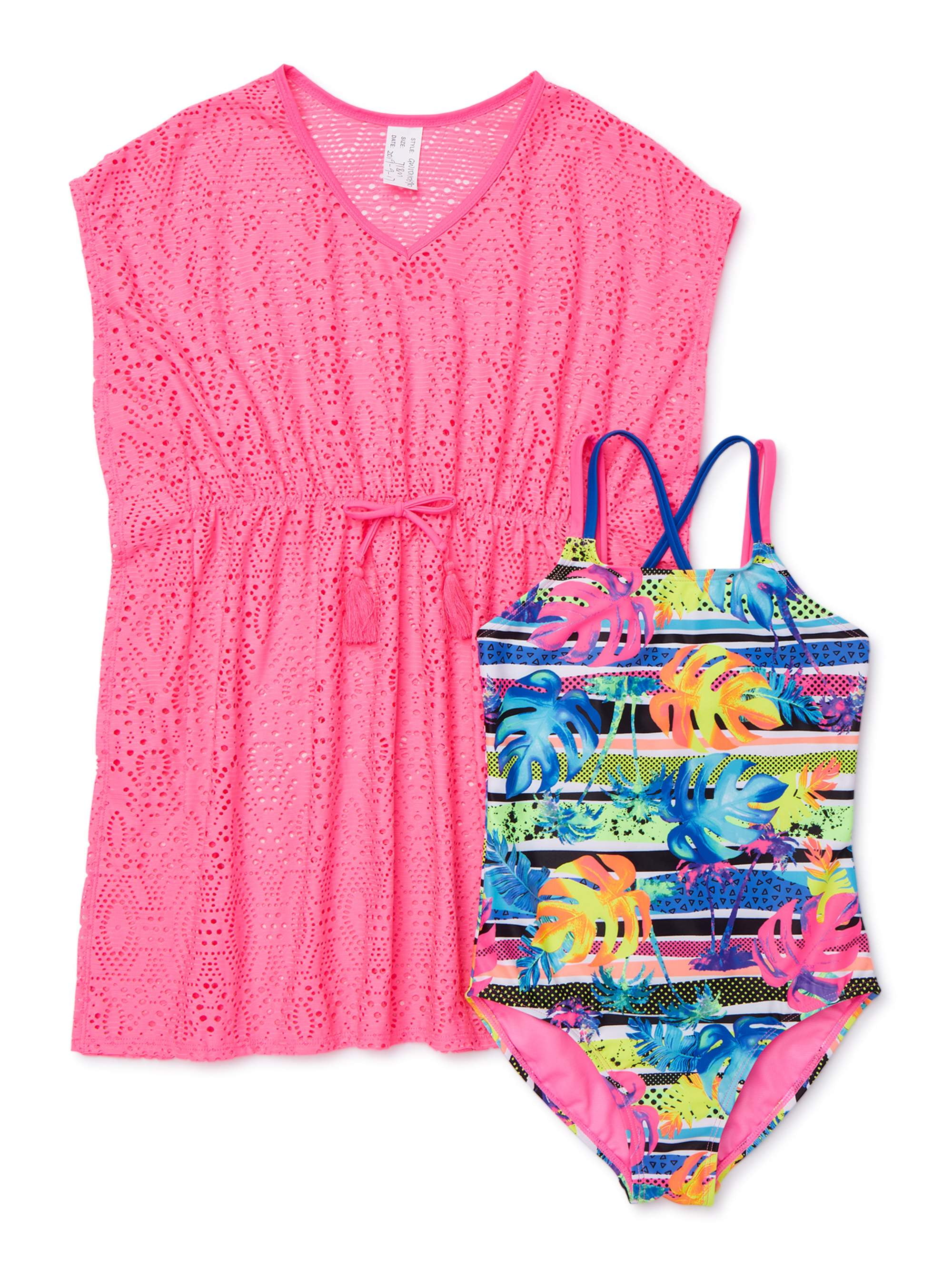 Wonder Nation Girls OnePiece Swimsuit and Kaftan Coverup, 2Piece Set