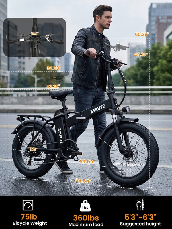 ESKUTE D300 Electric Bike for Adults, Folding Ebike with 1200W Peak Motor 28MPH, 48V 20.8Ah Removable Battery, 20"x4.0" Fat Tires, 80 Miles 7-Speed Gear, NFC Unlock,Black with Phonebag & Lock, UL2849