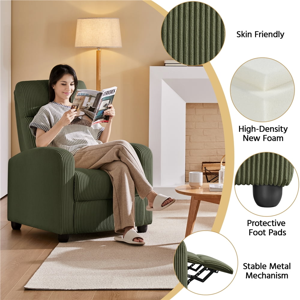 Renwick Modern Corduroy Recliner Chair with Pocket Springs for Living Room, Dark Green