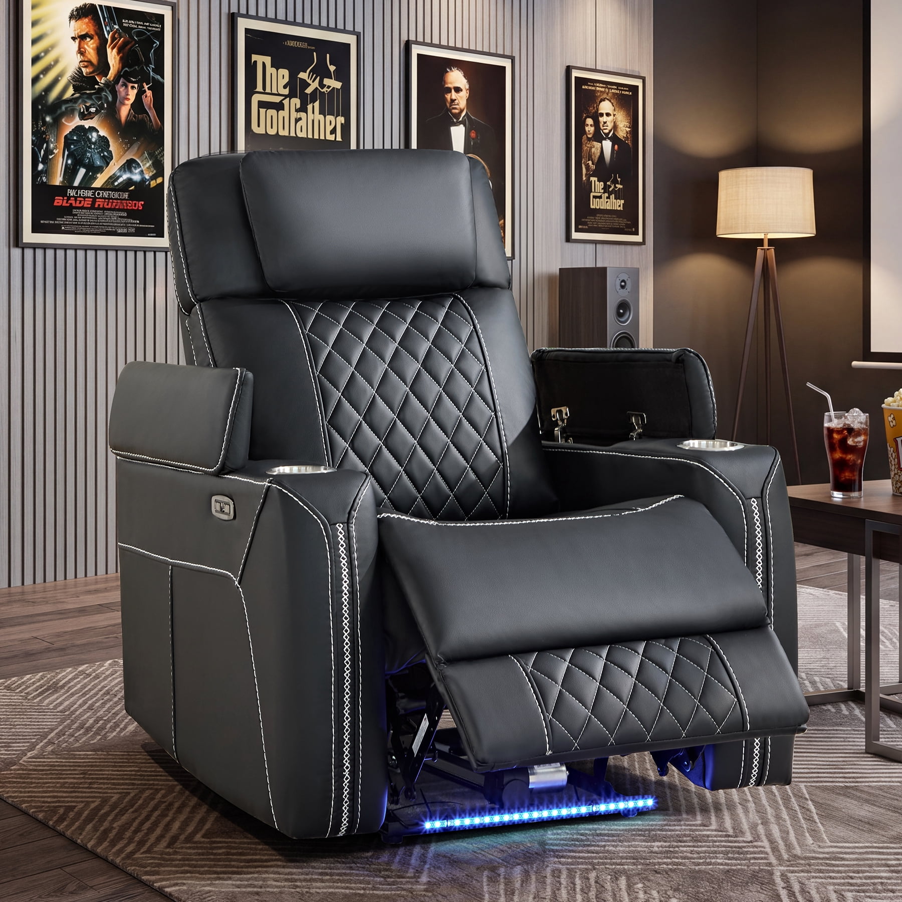 Ebello Dual Motor Power Recliner Chair with Adjustable Headrest, Faux Leather Electric Reclining Chair with LED Light Strip, USB Port, Cup Holders & Hidden Storage for Home Theater, Black