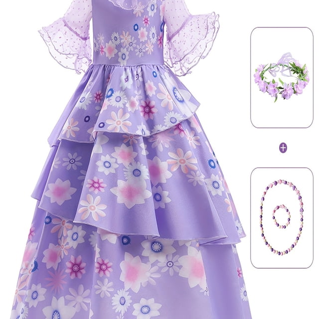Vestido De Encaje Y Disfraz Floral Para Niñas Con Bolsa De Tela, Corona De Flores Y Collar Para Cosplay De Dibujos Animados Para Niños, Vestido De Princesa Para Halloween