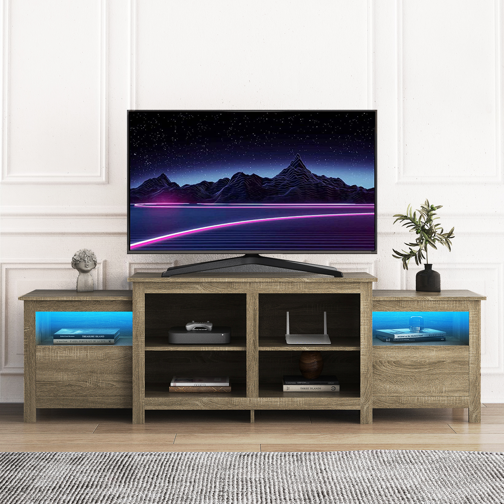 SESSLIFE Light Coffee TV Stand with Storage Space, LED TV Stand for 80