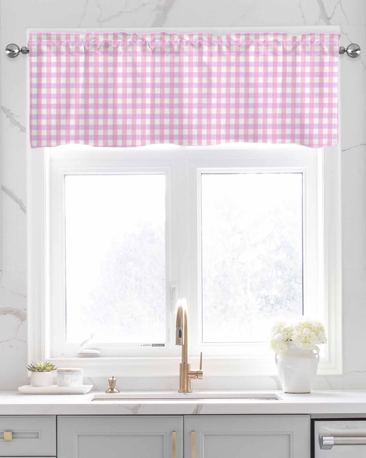 Pink Grid Kitchen Valances for Windows Farmhouse Linen Window Valance Curtain for Living Room Window Treatment Checkered Plaid Gingham Lattice Trellis Print Valance Rod Pocket Topper, 54 x 18 Inch