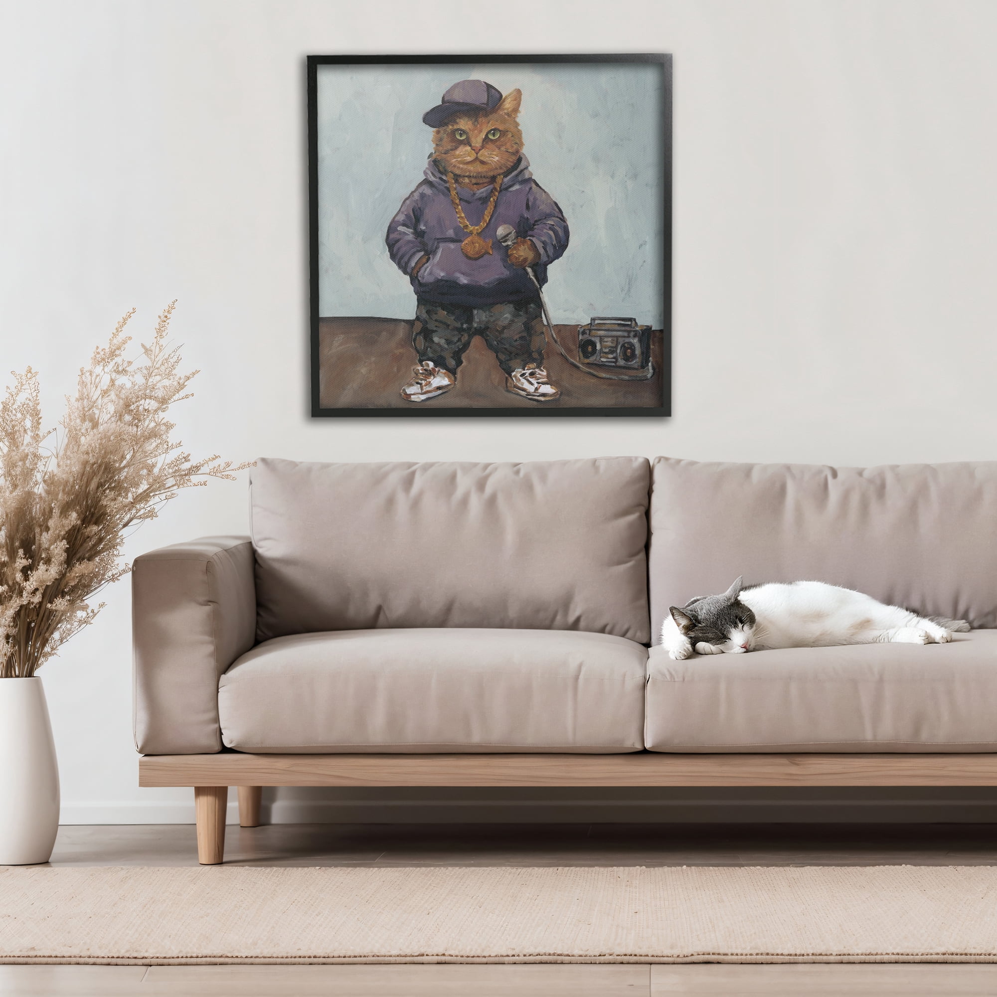 Stupell Industries Urban Hip-Hop Cat Black Framed Giclee Art, design by Studio Bautista