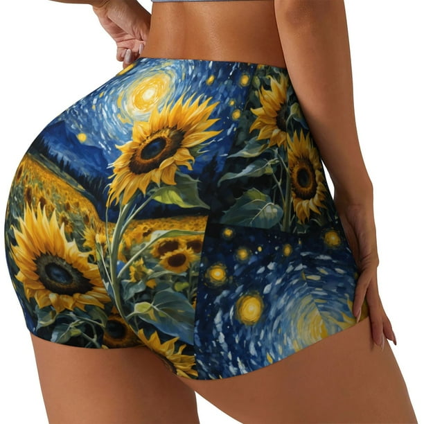 Fotbe Starry Sky Sunflower Shorts Sin Costuras – Shorts Deportivos de Cintura Alta para Mujer, Elásticos para Gimnasio, Yoga, Running o Ciclismo-Small