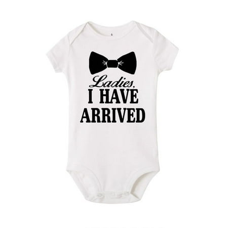

Ladies I Have Arrived Cravat Print Newborn Baby Boys Rompers Funny Announcement Bodysuits Short Sleeve Infant Jumpsuit Clothes