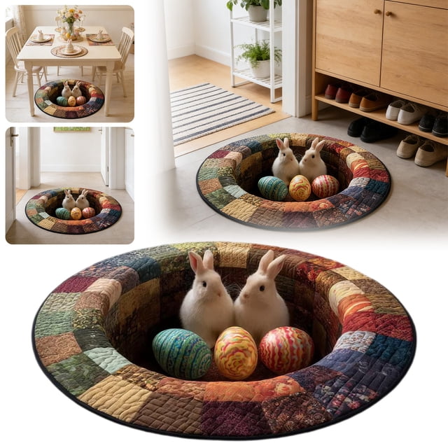 3D Visual Carpet 60*60, Custom Easter Bunny Round Rug Personalized 3D Effect Easter Day Carpet Non Washable Bunny Area Rug for Living Room Bedroom Birthday Indoor Home Decor Spring Day