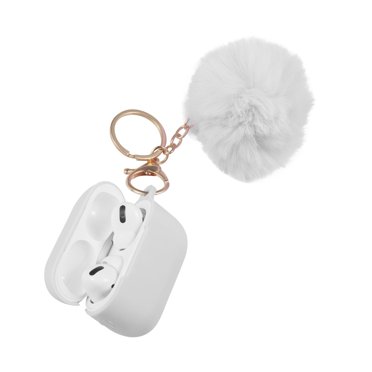 Insten Fluffy Pom Pom Case For Airpods Pro, Silicone Carry Case with Keychain & Anti-Lost Strap, Soft Touch Protective Skin Cover, White
