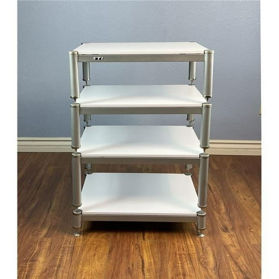 VTI BL404SSW 4 Silver Cap & Spike, Silver Poles & 4 White Shelves AV Stand