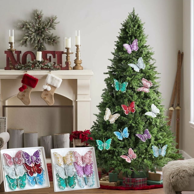Mariposas Navideñas Decorativas para Coronas de Árbol, Manualidades Navideñas Diy, Adornos con Pinzas Brillantes - Juego de 6 | Plástico Multicolor - 16X15Cm - Decoración para Fiestas Navideñas, Hoga