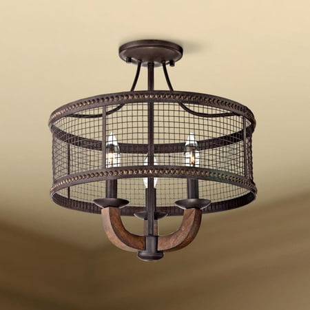 Franklin Iron Works Rustic Industrial Ceiling Light Semi Flush Mount Fixture Bronze 16 Wide 3 Light Mesh Drum For Bedroom Hallway