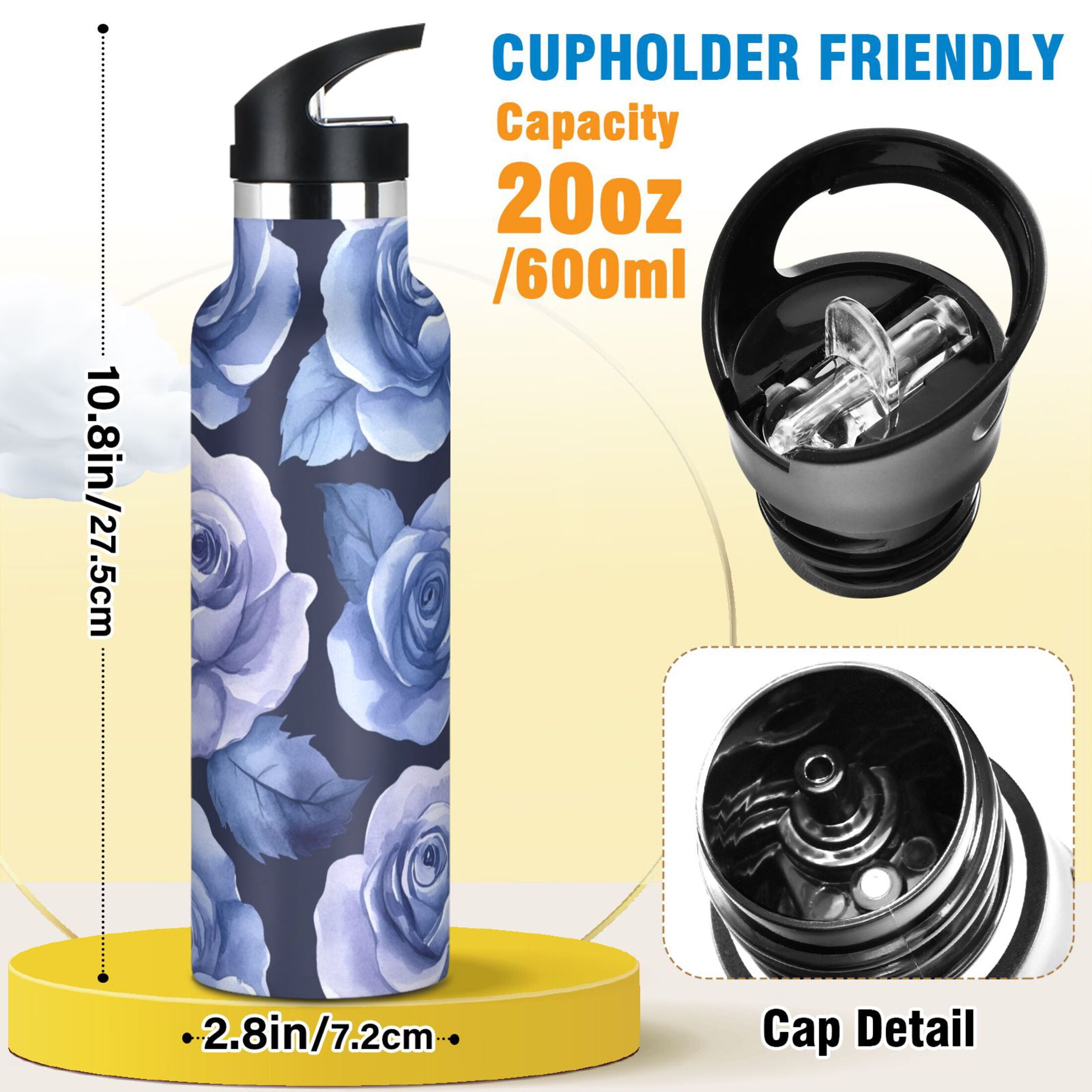 600ML Stainless Steel Insulated Cup Sports Water Bottle Portable Thermos Cup Water Glasses Insulated Tumblers Convenient and Durable Teal Roses Seamless