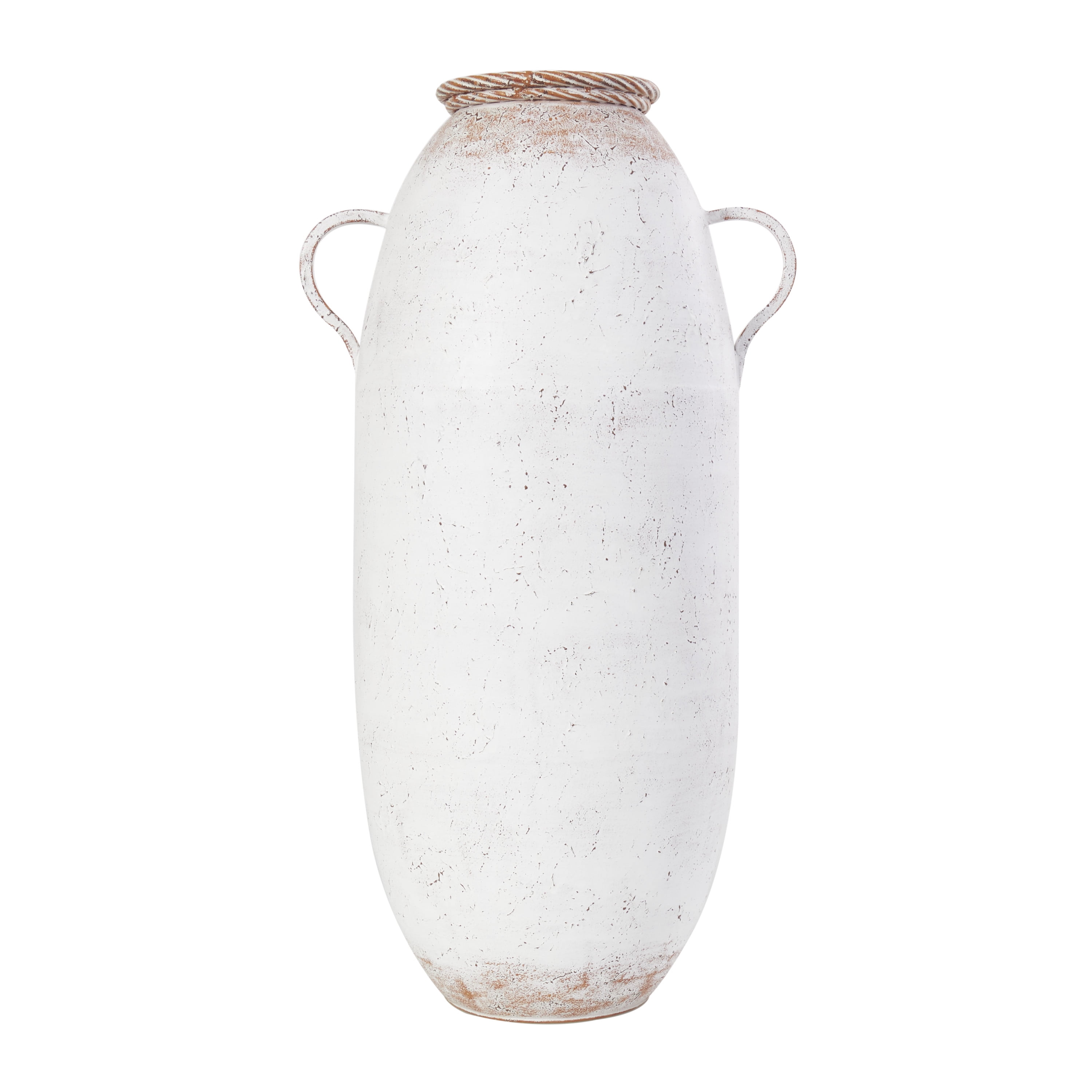 DecMode 28" Antique Style White Metal Vase with Terracotta Accents and Handles