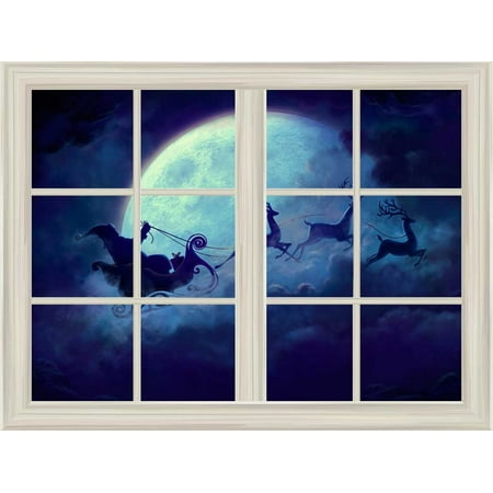 Santa Claus and Reindeer Flying under The Moon Window View Mural Wall