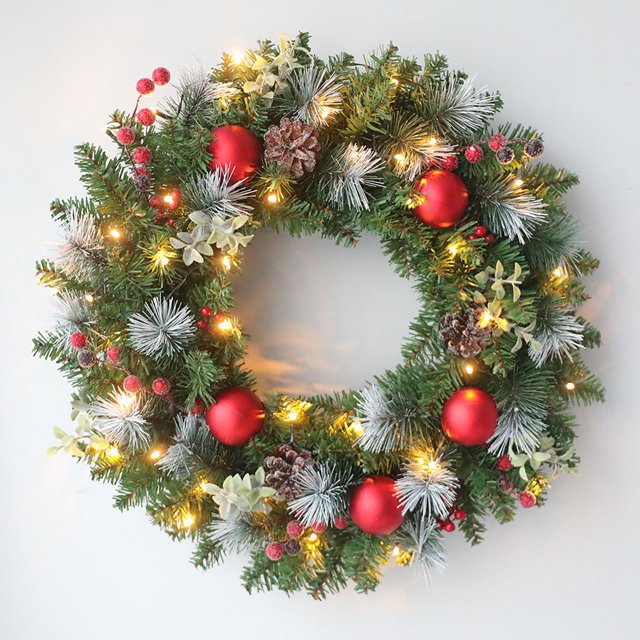Anillo de vid de Navidad, guirnalda de hojas de PE de fruta roja de PVC, decoración de piñas naturales, joyería de 40 cm