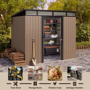 Lofka 8x6 FT Outdoor Storage Shed with Lockable Sliding Doors & Sloping Roof Metal Garden Tool Shed for Backyard, Light Brown